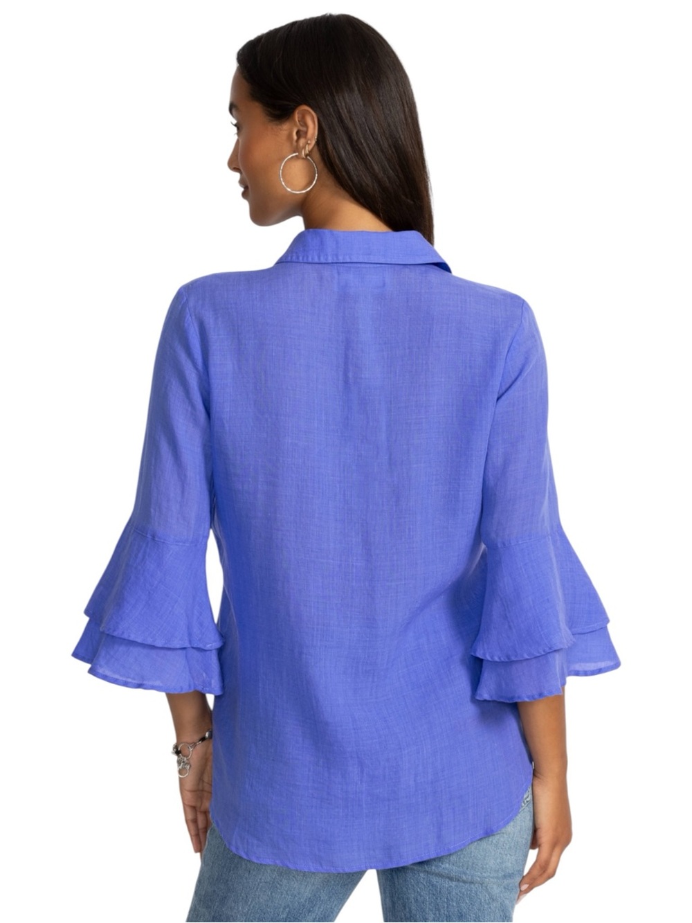 Johnny Was 3/4 Flounce Sleeve Embroidered Ramie Blouse Roberta Baja Blue XL NWT - Picture 3 of 16
